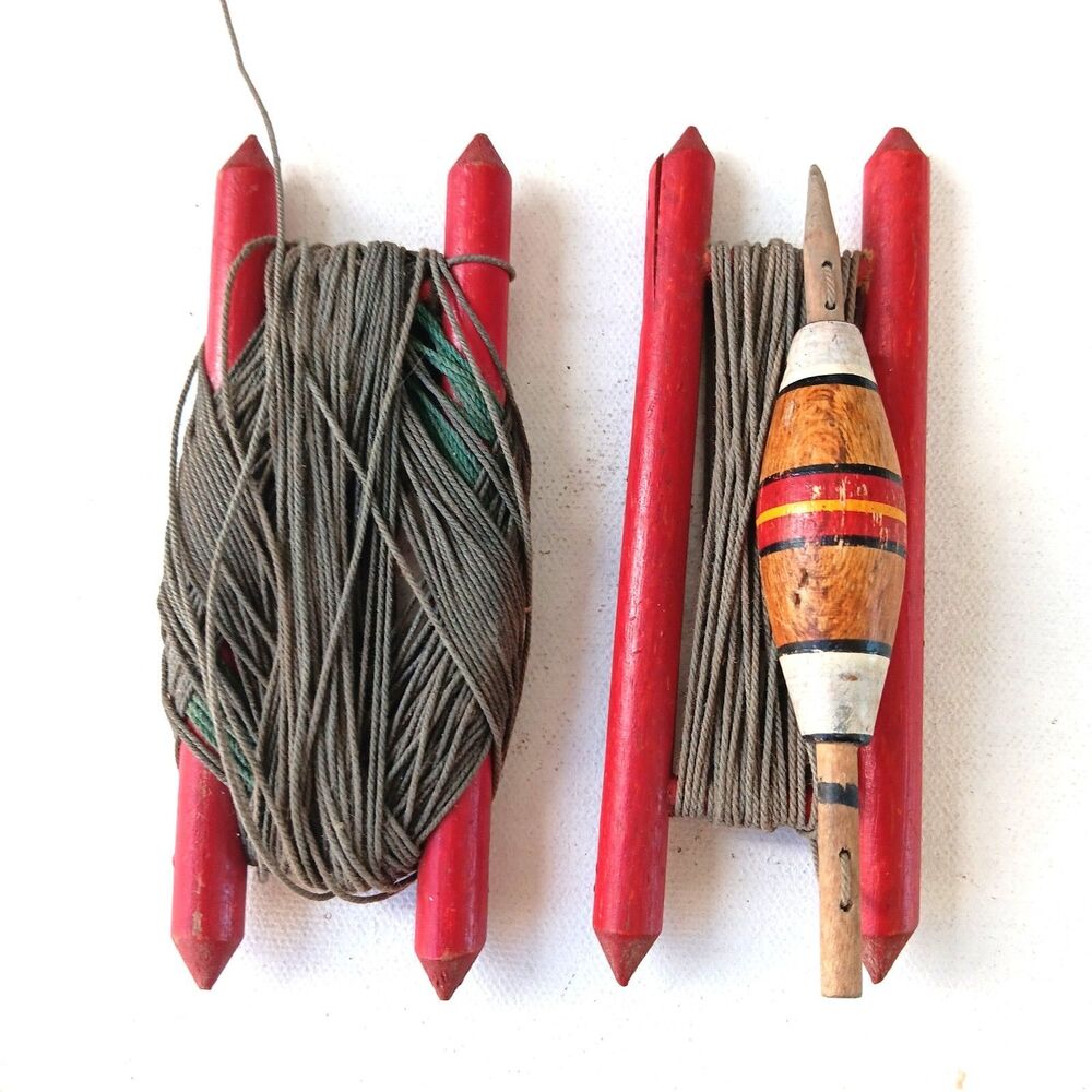 Vintage Wooden Striped Fishing Bobber Float 4 1/2" AND 2 Hand Fishing Lines 50s